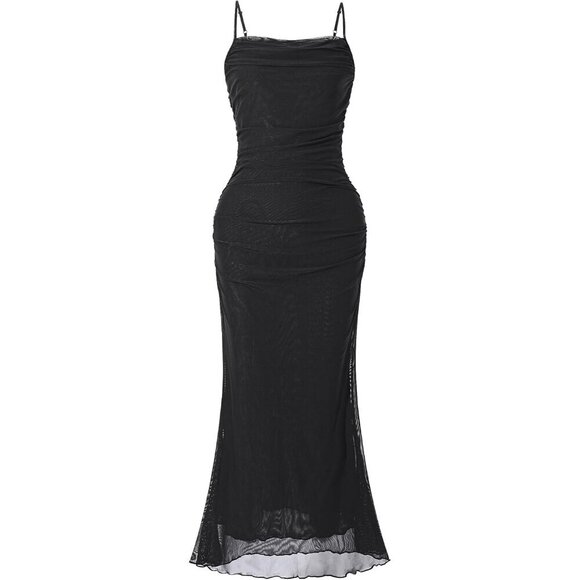 🆕 Women Black Mesh Sexy Cami Long Dresses Floral Slip Maxi RuchedSummer Bodycon - Picture 1 of 6